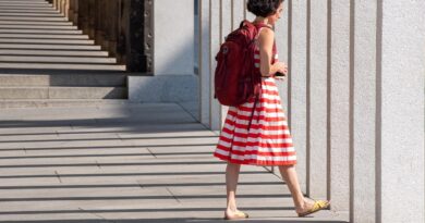 woman, dress, stripes, shadow, female, street, backpack, casual, outfit, stripes, street, backpack, backpack, backpack, backpack, backpack, outfit
