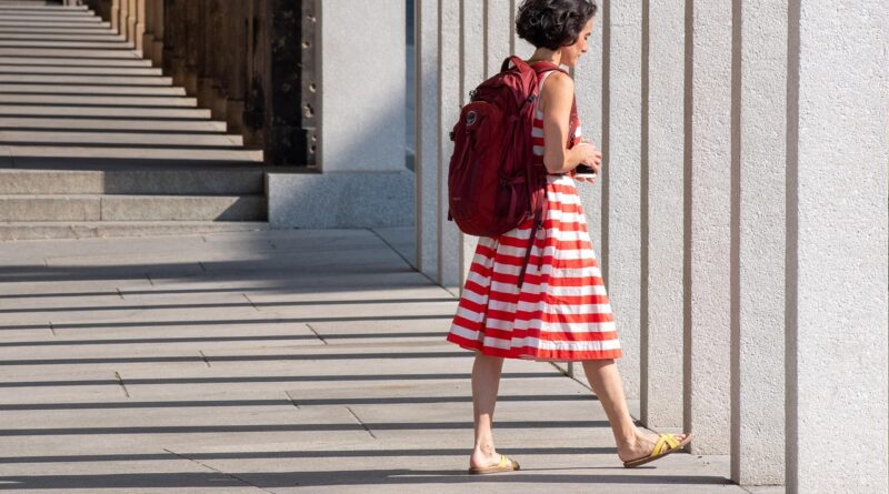 woman, dress, stripes, shadow, female, street, backpack, casual, outfit, stripes, street, backpack, backpack, backpack, backpack, backpack, outfit