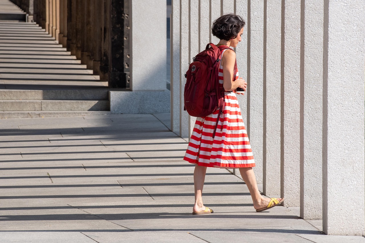woman, dress, stripes, shadow, female, street, backpack, casual, outfit, stripes, street, backpack, backpack, backpack, backpack, backpack, outfit