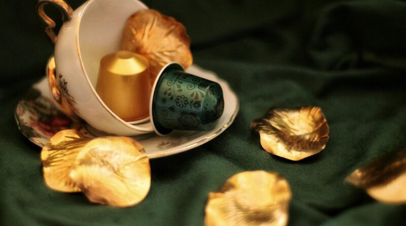 coffee, capsule, gold, coffee cup, green, elegant, cup, petal, still life, coffee pod