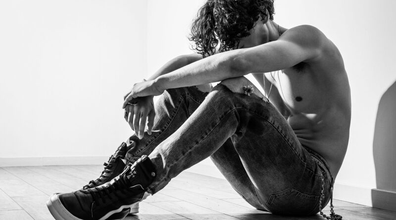 lonely, man, sitting, resting, shirtless, skin, alone, body, jeans, denim pants, sneakers, fashion, men's fashion, portrait, black and white, young man, model, modeling, pose, posing, monochrome, man, man, man, man, man, alone