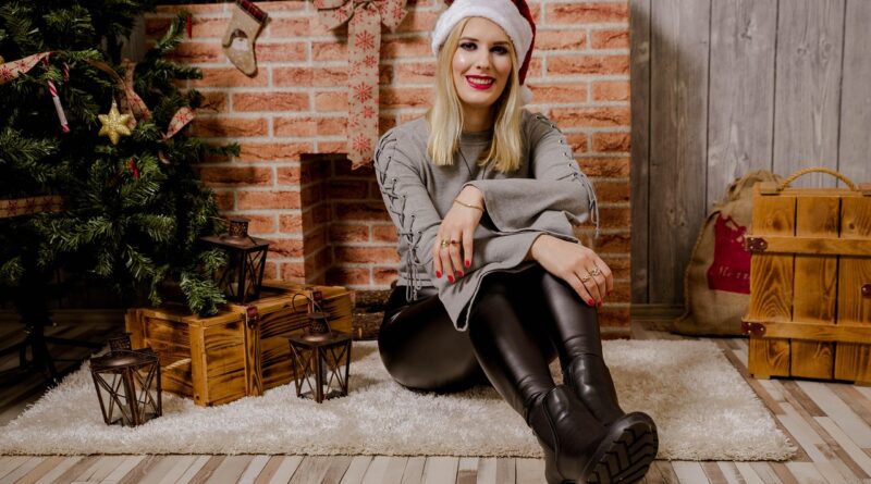 christmas woman, lady, blonde, december, winter, christmas background, celebration, tree, ornament, leather, sparkle, leather outfit, leather woman, nature, high heels boots, xmas, holiday, advent, sexy christmas, brown lady
