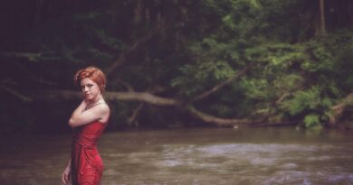 girl, wet, bathing, dress, red dress, fashion, style, outfit, redhead, redhead woman, female, female model, modeling, pose, posing, stylish, stylish woman, woman, water, outdoors, river, nature, dress, red dress, woman, woman, river, river, river, river, river