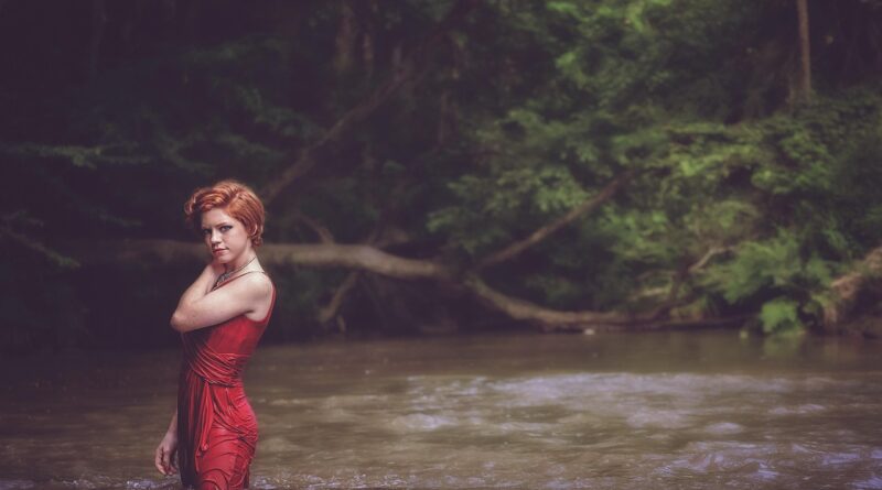 girl, wet, bathing, dress, red dress, fashion, style, outfit, redhead, redhead woman, female, female model, modeling, pose, posing, stylish, stylish woman, woman, water, outdoors, river, nature, dress, red dress, woman, woman, river, river, river, river, river