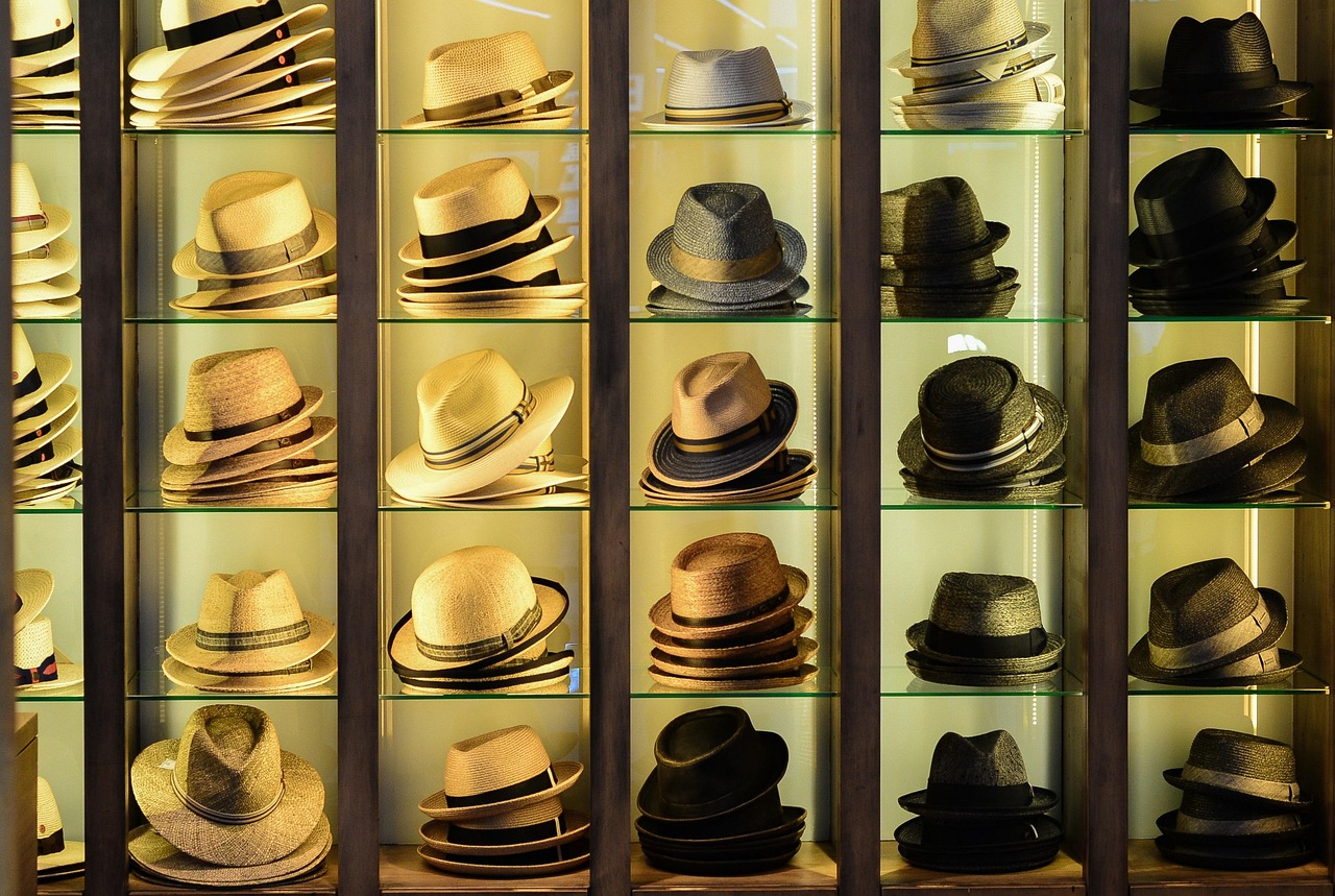 hats, fashion, headgear, business, shelf, cap, straw hat, fashionable, elegant, trend