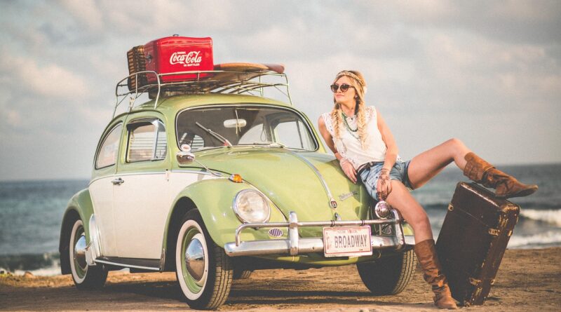 woman, model, hippie, fashion, style, stylish woman, volkswagen, beetle, car, nature, classic, vintage, automobile, automotive, beach, sand, seashore, car wallpapers, vehicle, classic car, boots, leather boots, modeling, pose, posing