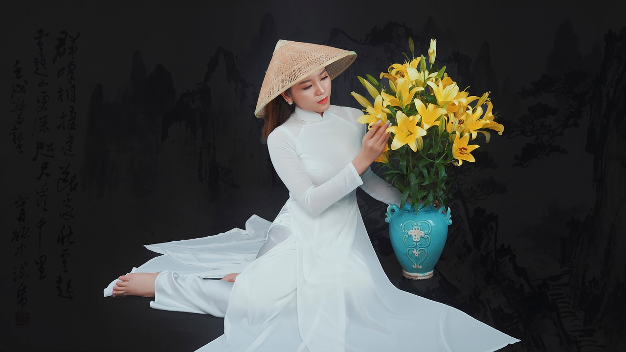 woman, long dress, model, flowers, bouquet, nature, girl, female, lady, asian, beautiful flowers, flower wallpaper, flower background, vietnamese