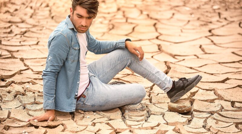 man, model, portrait, arid, erosion, dried land, denim, denim jacket, denim jeans, male, guy, male model, modeling, pose, posing, fashion, style, outfit