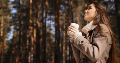 woman, beauty, fashion, portrait, drink, outdoors, beverage, nature, coat, coffee, female, forest, girl