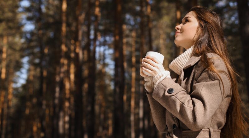 woman, beauty, fashion, portrait, drink, outdoors, beverage, nature, coat, coffee, female, forest, girl