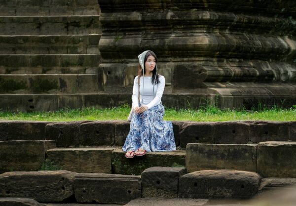 woman, portrait, model, fashion, temple, pose, style, makeup, cambodian, ancient, battambang, nature, hall, asian, costume, sitting, stone, tourist, east asia, cultural