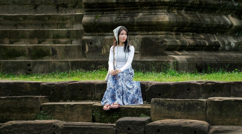 woman, portrait, model, fashion, temple, pose, style, makeup, cambodian, ancient, battambang, nature, hall, asian, costume, sitting, stone, tourist, east asia, cultural