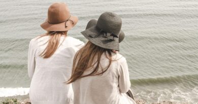 beach, hats, women, pair, couple, fashion, style, stylish, backs, young women, shore, seashore, friendship, girl friends, ocean, outdoors, people, nature, sand, sea, water, friends