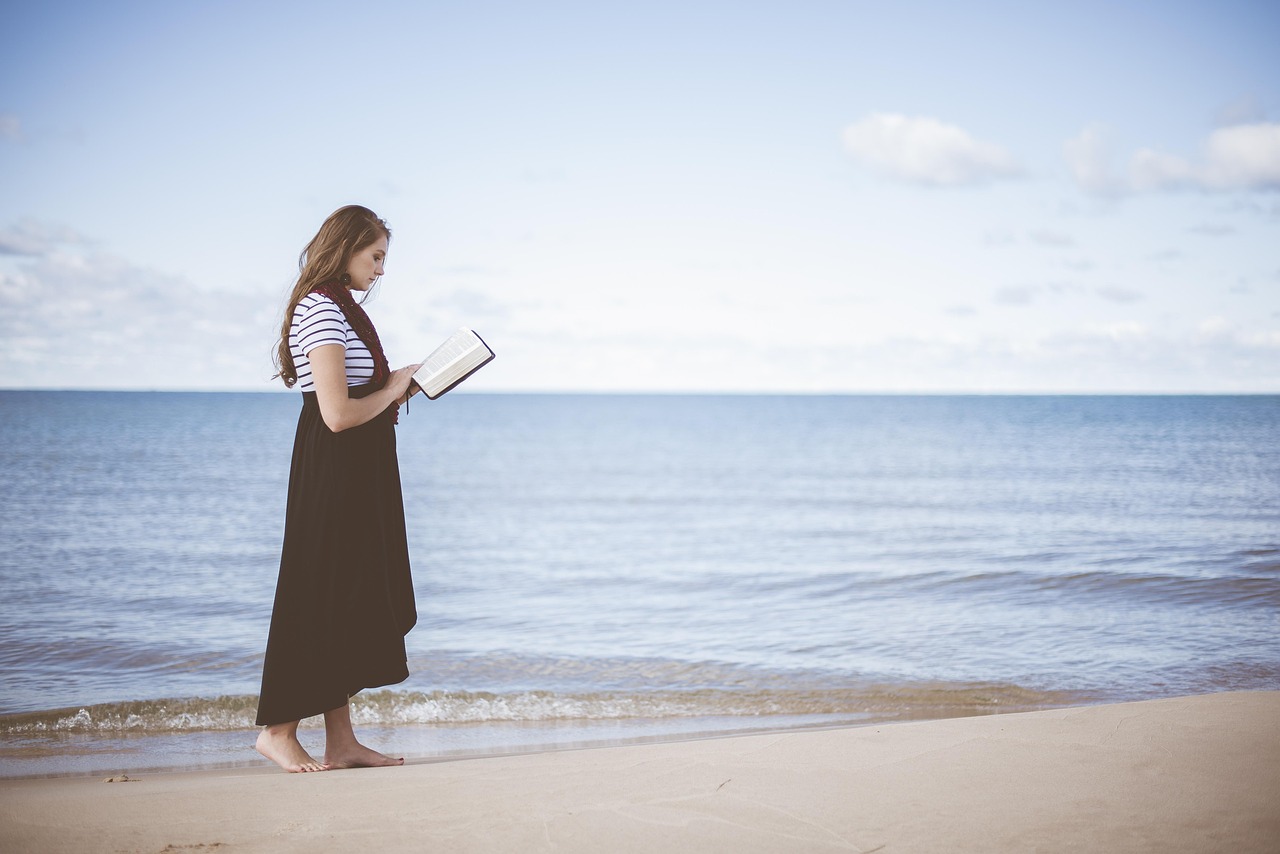 beach, girl, reading, nature, ocean, sand, sea, seashore, water, woman, book, reading a book, reading girl, walk, walking, leisure, relax