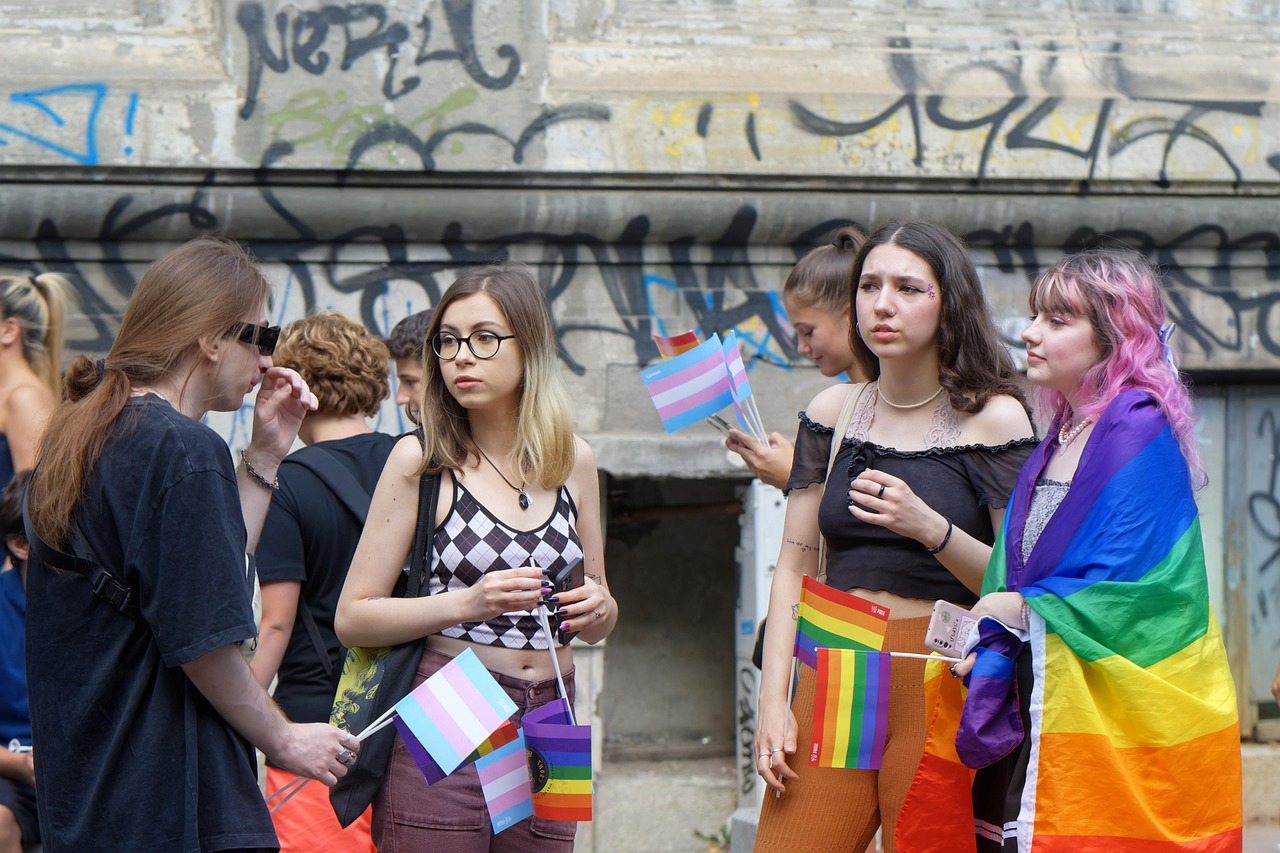 pride march, lgbtqa, people, young, girls, makeup, painted, flags, parade, pride, street, graffiti, urban, lgbtiqa, pride month, rainbow flags, pride flags, world pride