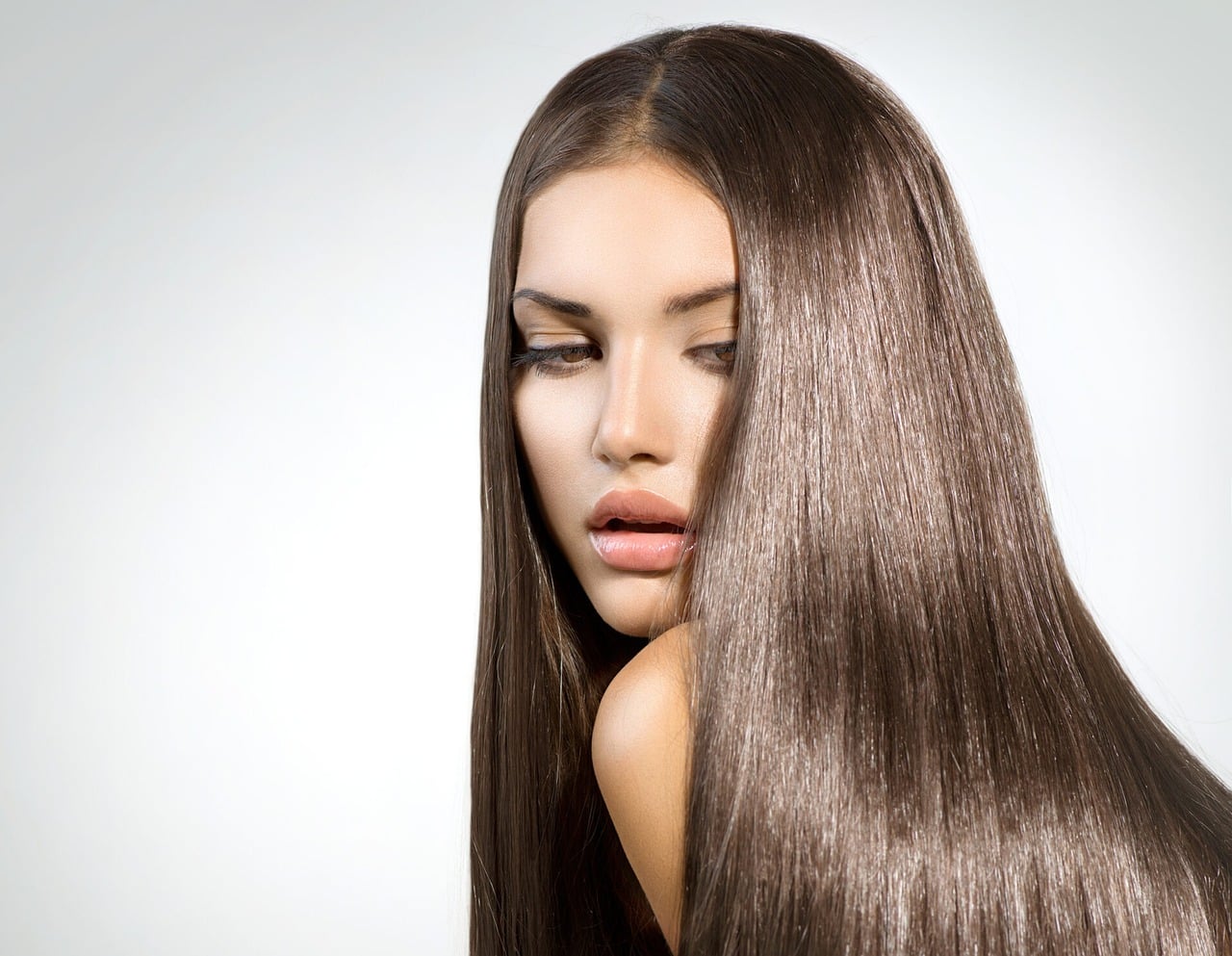 hair, straight hair, woman, beauty, brunette, hairstyle, model, fashion, human beauty, cosmetics, gray background, portrait, attractive, elegance, natural beauty, silky hair, fashion and beauty, female portrait, personal care, shiny hair