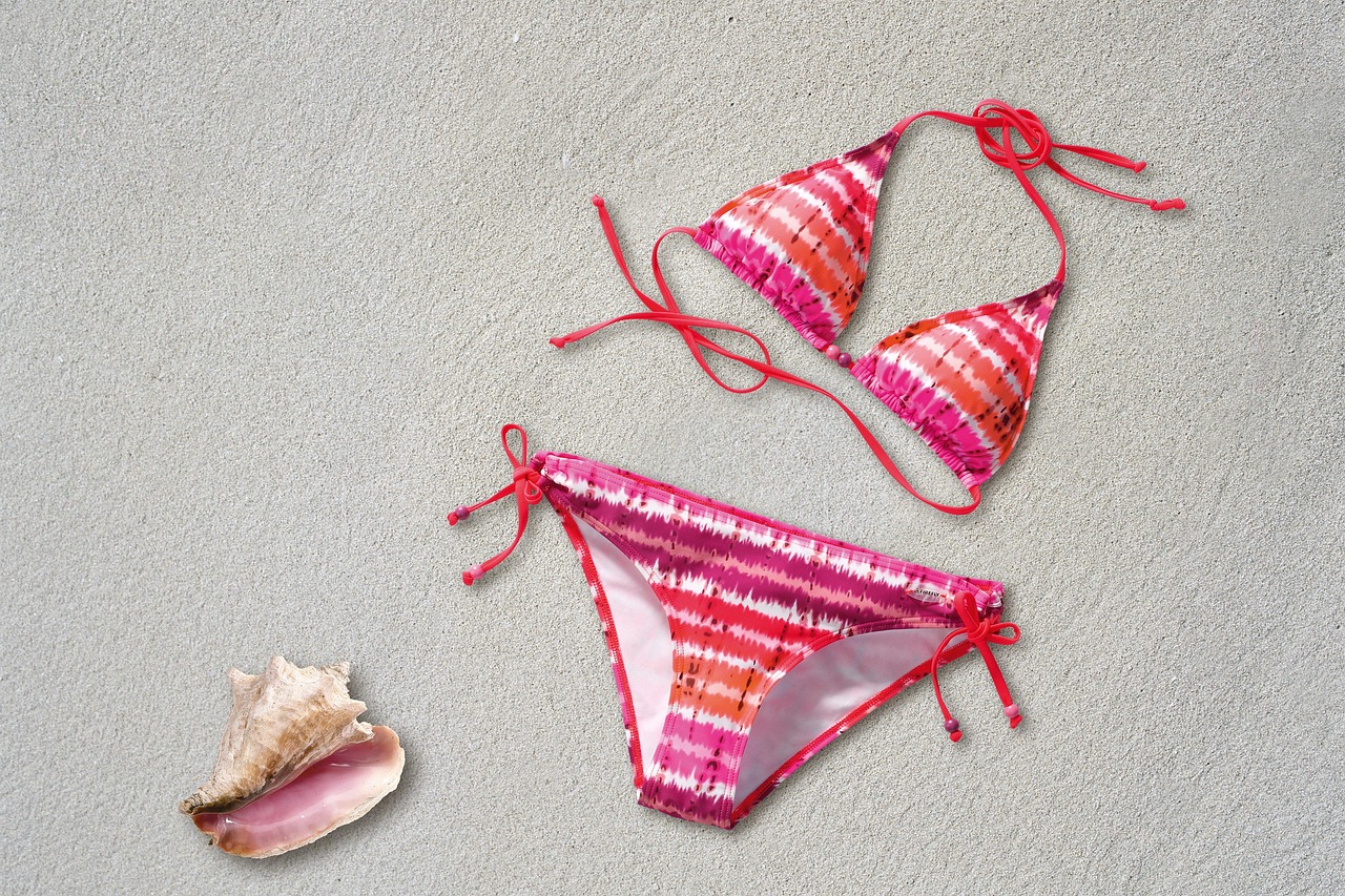 bikini, two piece swimwear, women, two-part, pink, orange, fashion, beach, leisure time, nature, vacations, shell, sand, clothing, swim