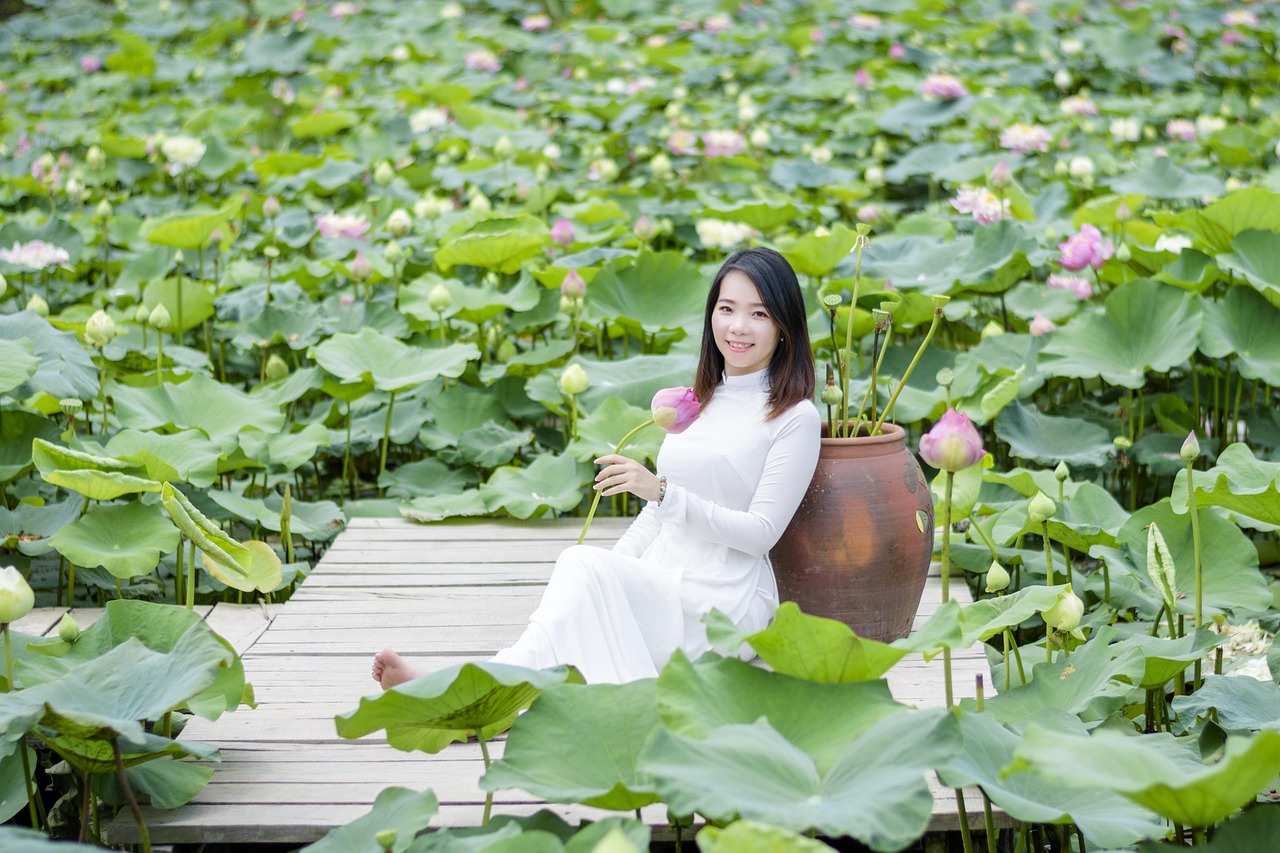 lotus, nature, aodai, flower, vietnam, white, women, lake, longdress, woman, flower wallpaper, portrait, dress, beautiful flowers, flower background, girl, green lake