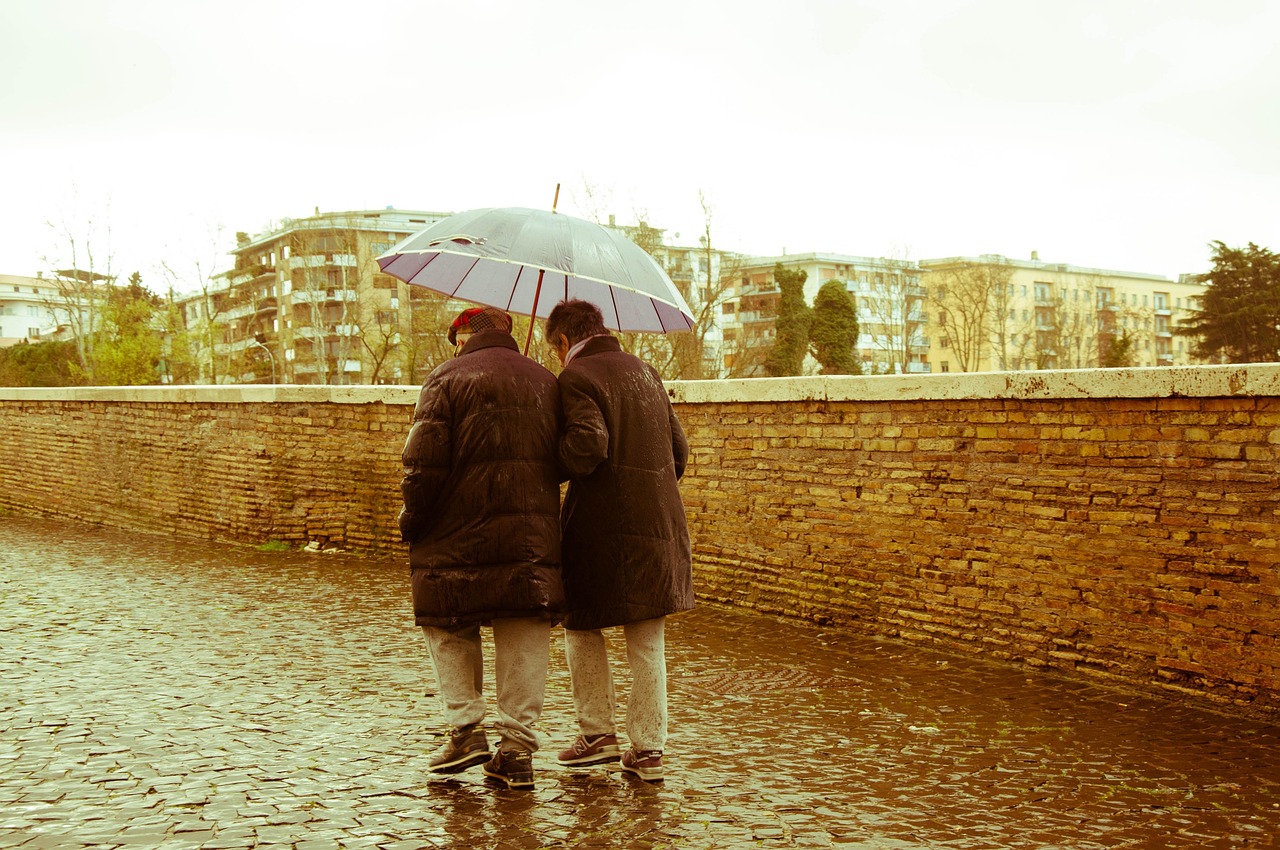 old, senior citizens, nature, couple, rain, 70's