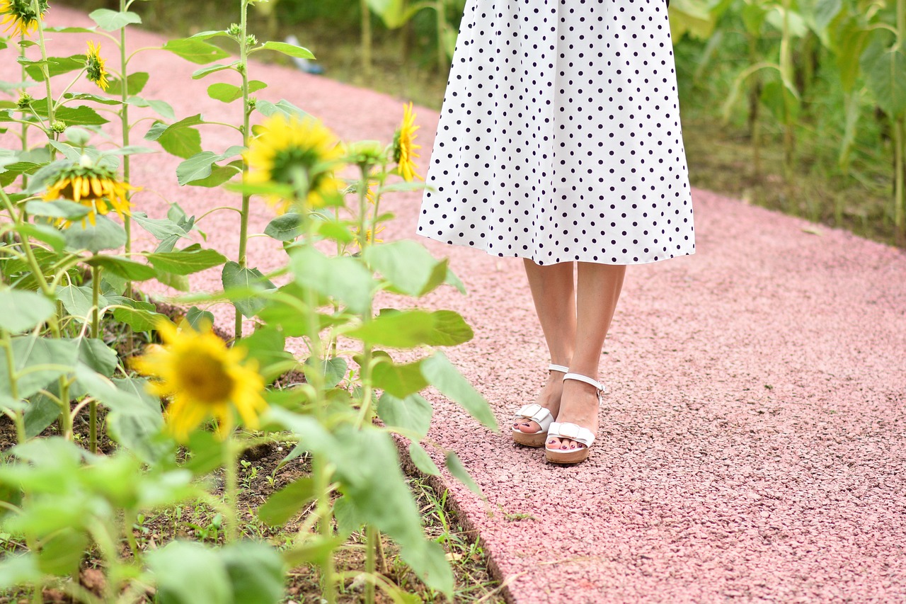 sunflowers, girl, flower wallpaper, flower background, dress, flowers, leaves, foliage, trail, nature, pathway, flora, garden, field, beautiful flowers, bloom