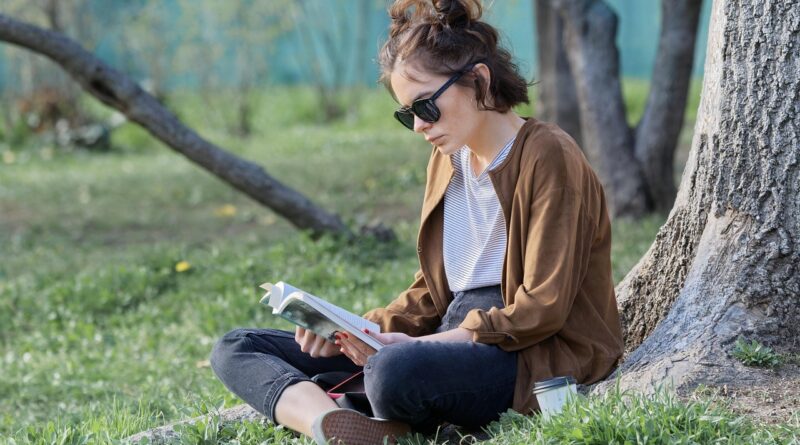 girl, book, sunglasses, casual, reading, sitting, grass, park, relaxation, spring, lifestyle, root, tree, snapshot, nature, recreation, lecture, culture, young, free time