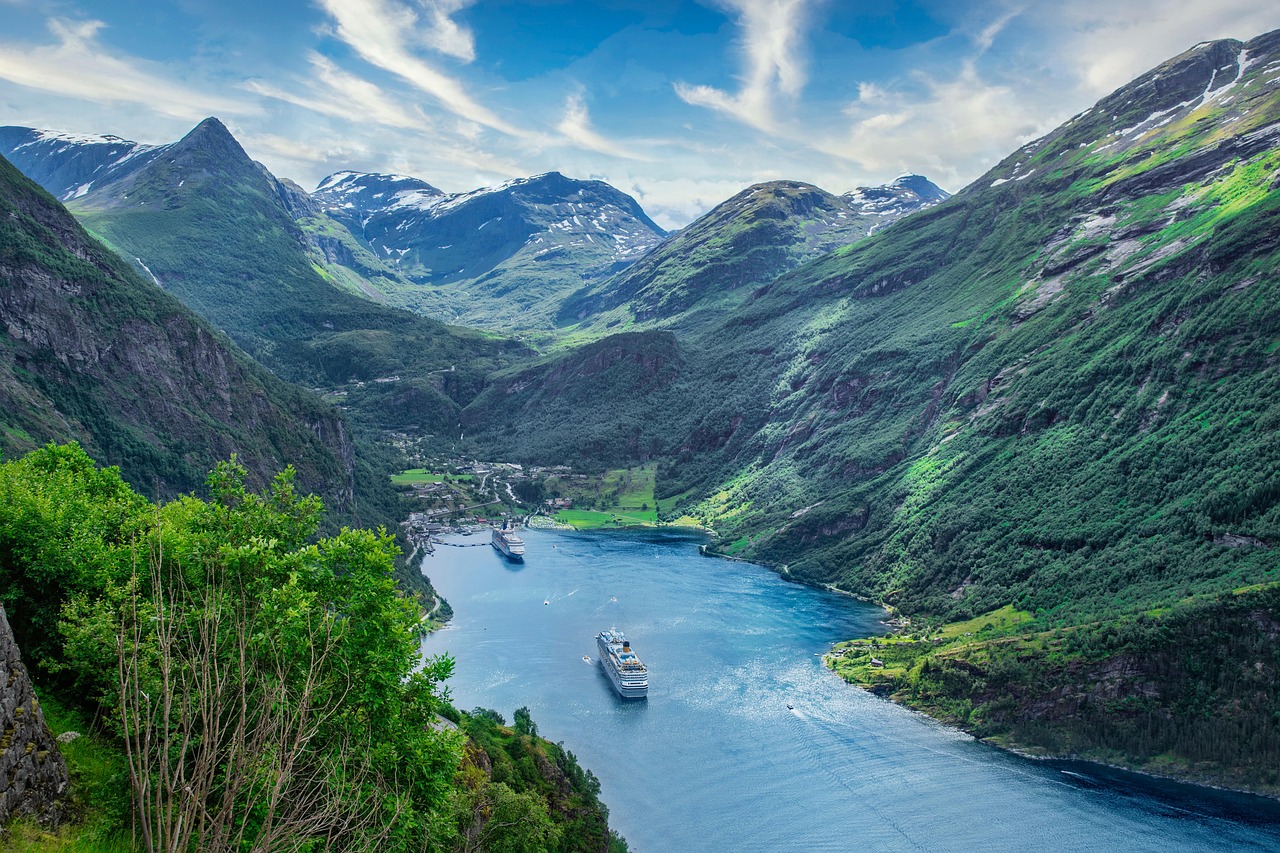ships, sea, mountains, fjord, inlet, water, port, boats, cruise, travel, nature, mountain range