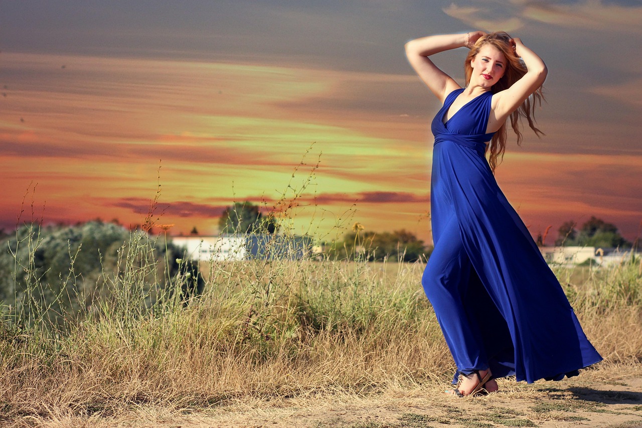 face, blonde, dress, blue, nature, sunset, wind, heaven, cloudiness